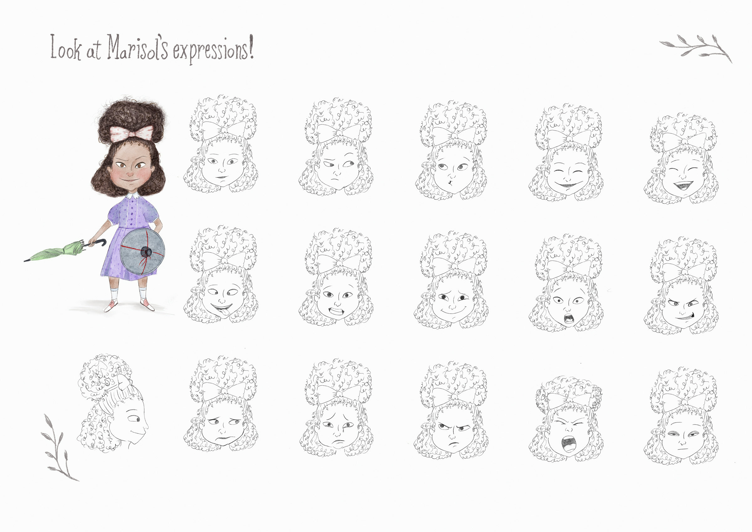 Expression sheet: Marisol in color and many pencil studies of her face showing different emotions