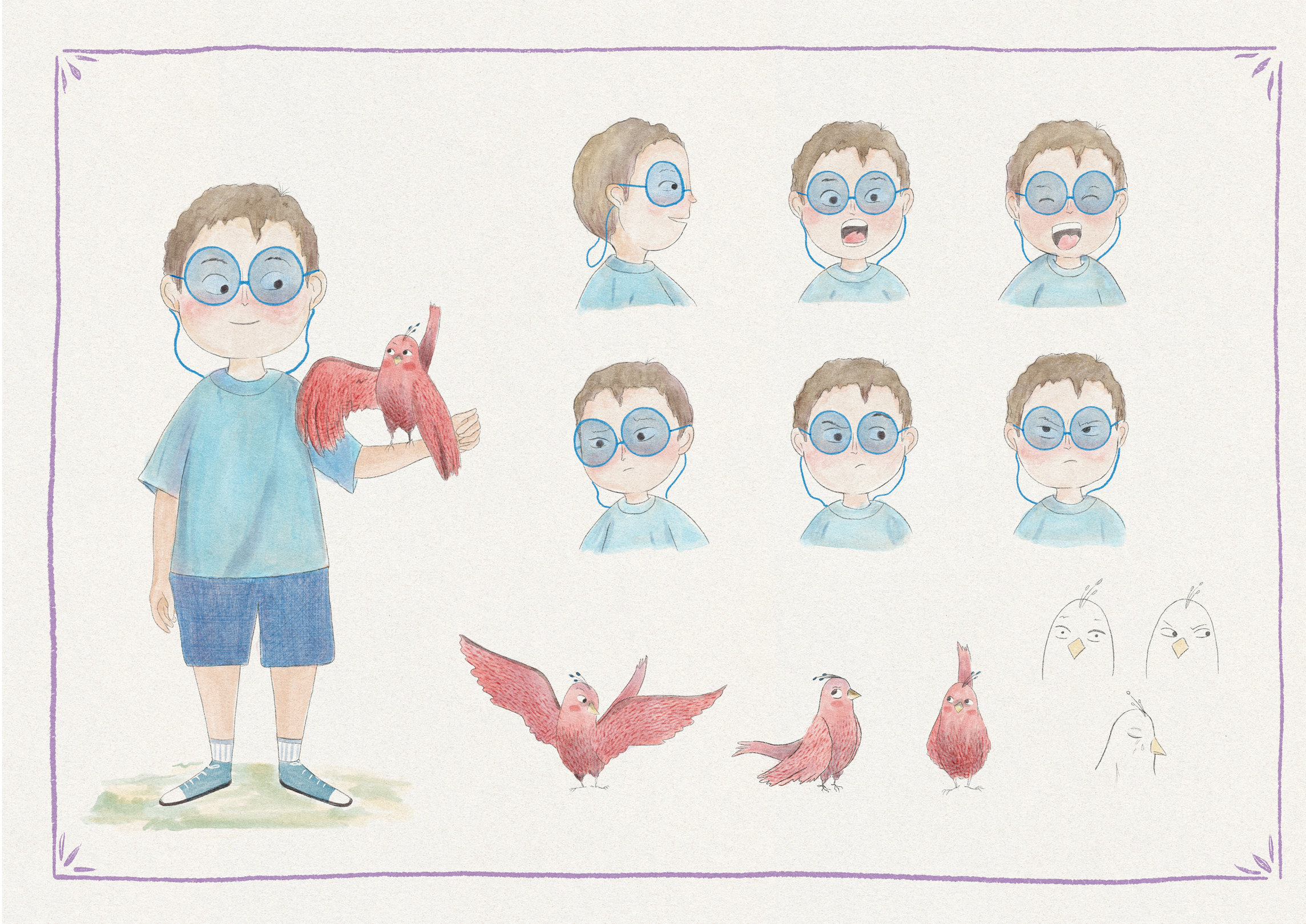 A boy with blue glasses and a red bird on his arm, with his expressions and studies of the bird, in a purple frame