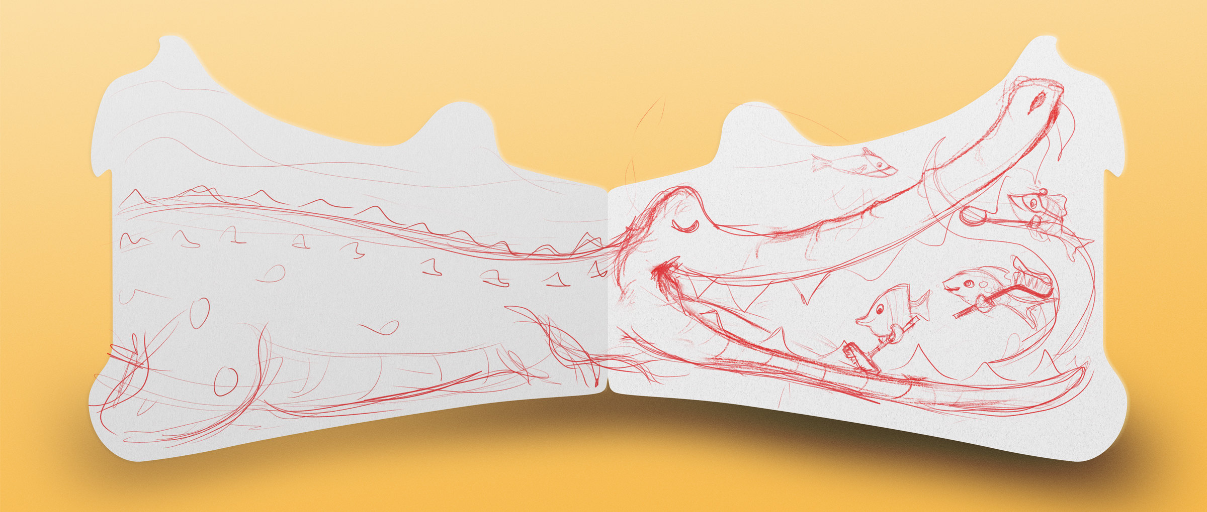 Process sketch: little fish brushing the crocodile’s teeth