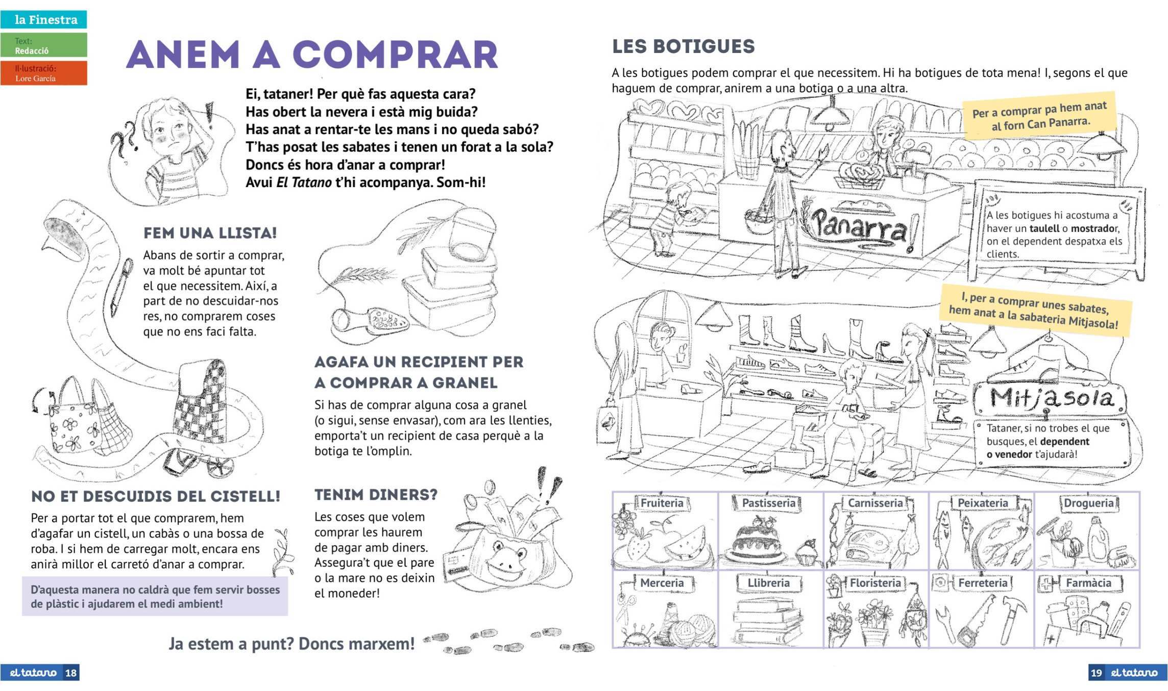 Black-and-white spread in Catalan, “Anem a comprar”: shops, characters and a shopping list