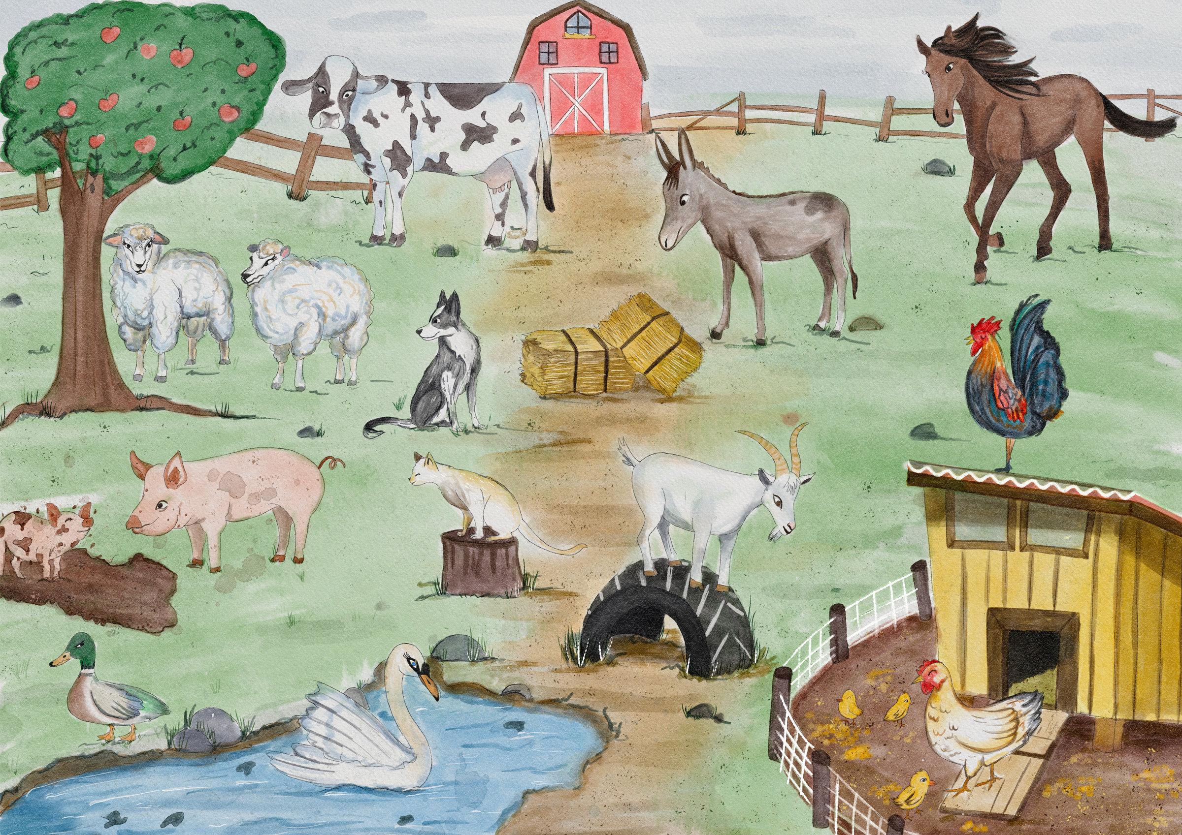 Farm scene: cow, horse, donkey, sheep, pig, goat, rooster, hens, a red barn and a pond with a swan