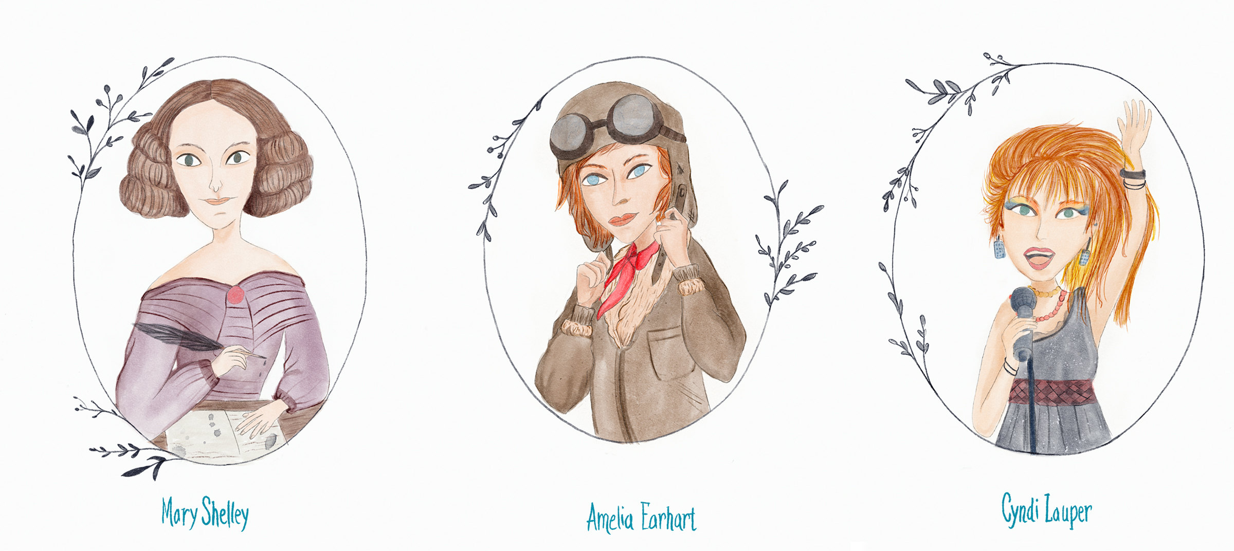 Three oval-framed portraits with their names: Mary Shelley, Amelia Earhart and Cyndi Lauper
