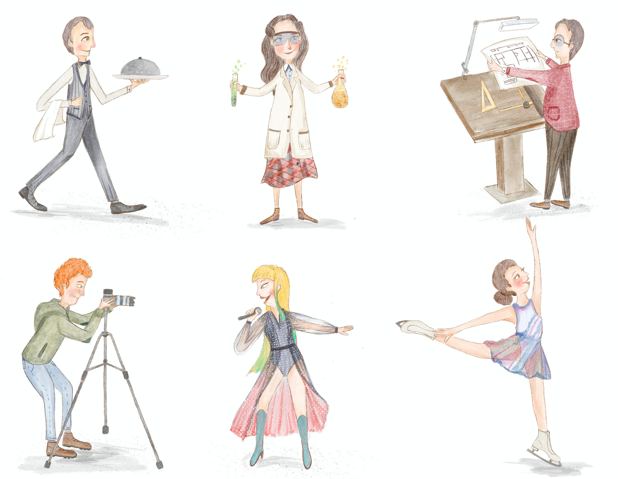 Six full-body characters: a waiter, a scientist, an architect, a photographer, a singer and a figure skater