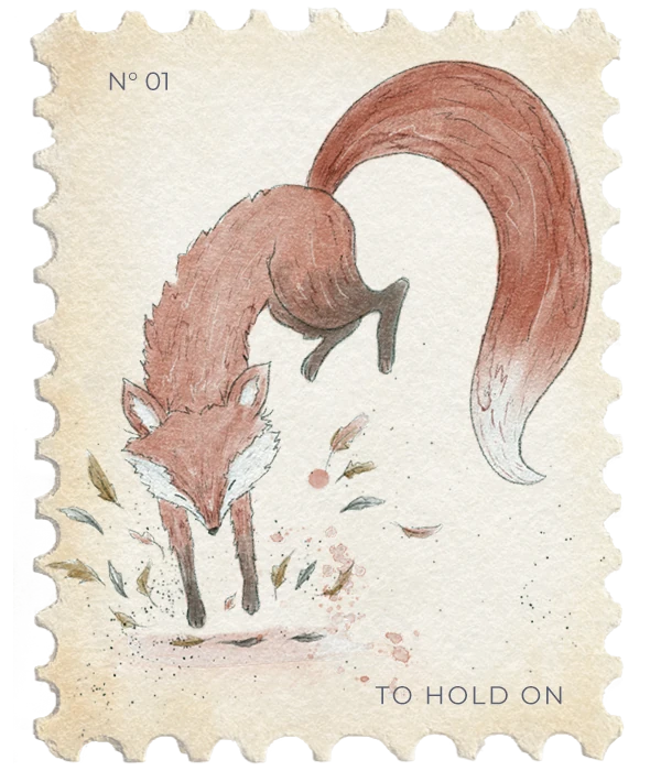 Stamp Nº 01: a fox leaping into fallen leaves