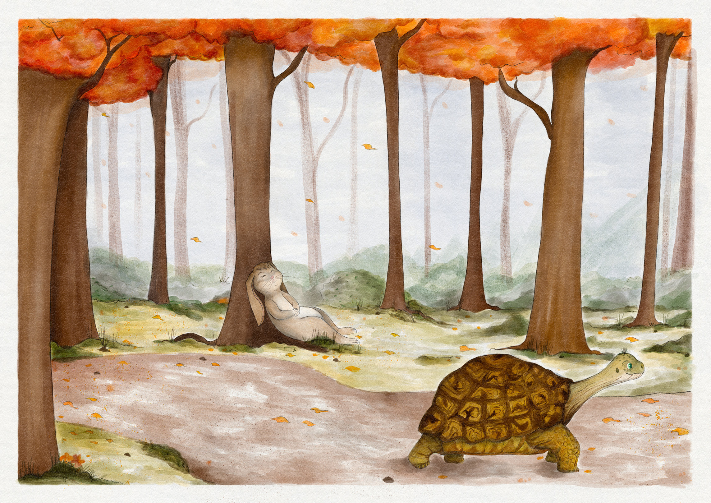 The nap: the hare falls asleep against a tree in an autumn forest while the tortoise keeps walking