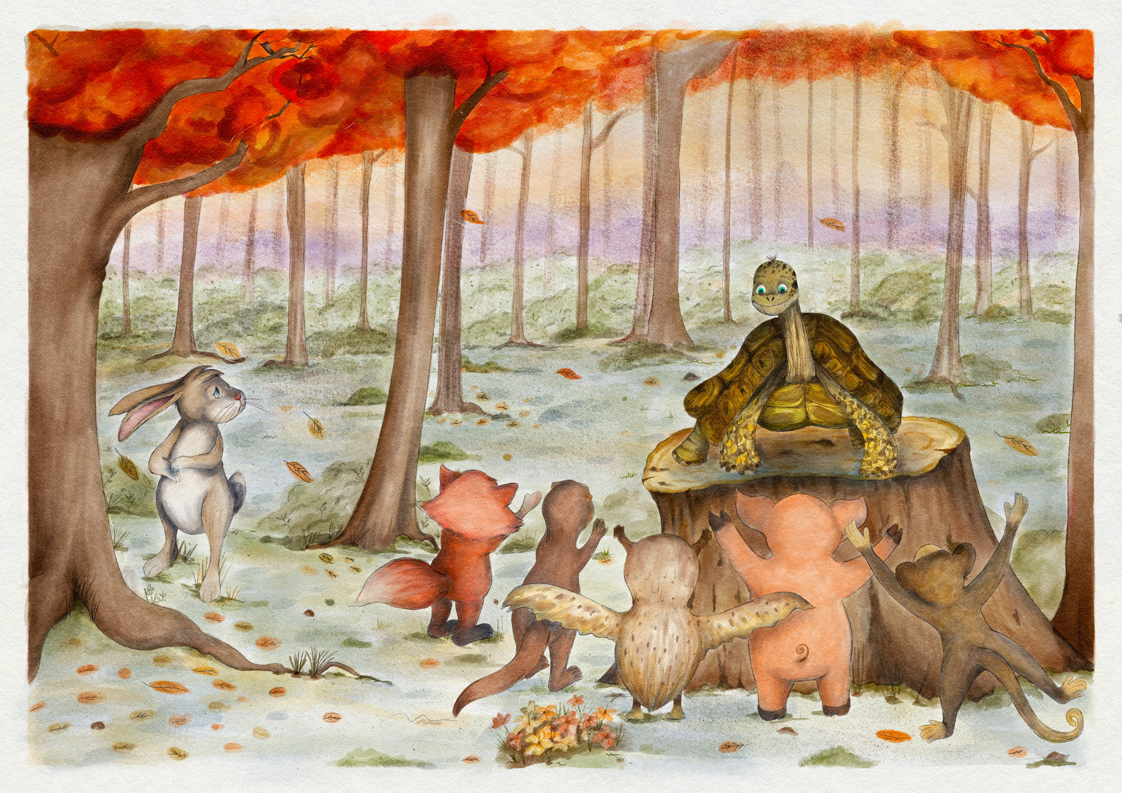 The victory: the tortoise stands on the stump, cheered by the forest animals, while the hare looks on