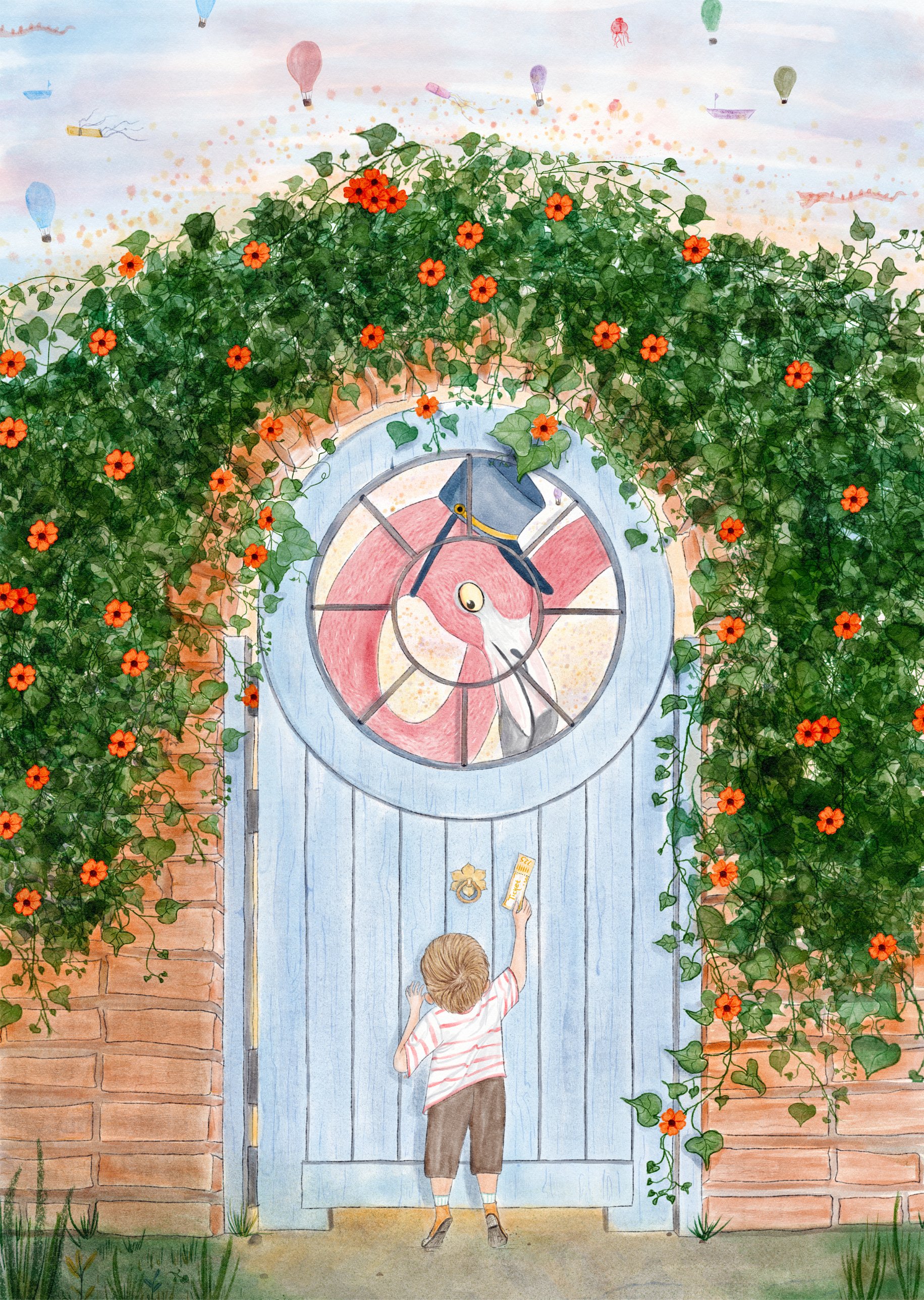 A boy knocks on a blue garden door in a brick wall covered with orange-flowered vines; a flamingo in a postman’s cap looks out of the round window, with hot-air balloons in the sky