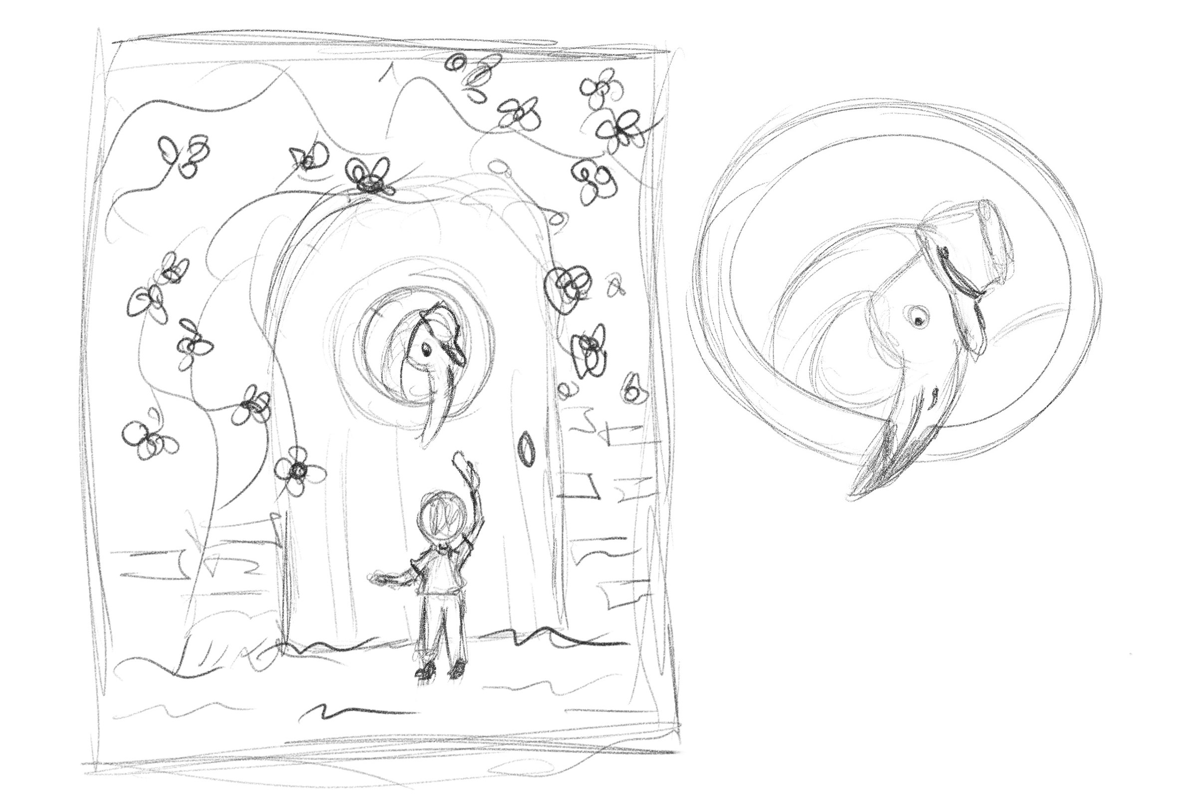Pencil thumbnail of the scene and a detail of the flamingo in the round window