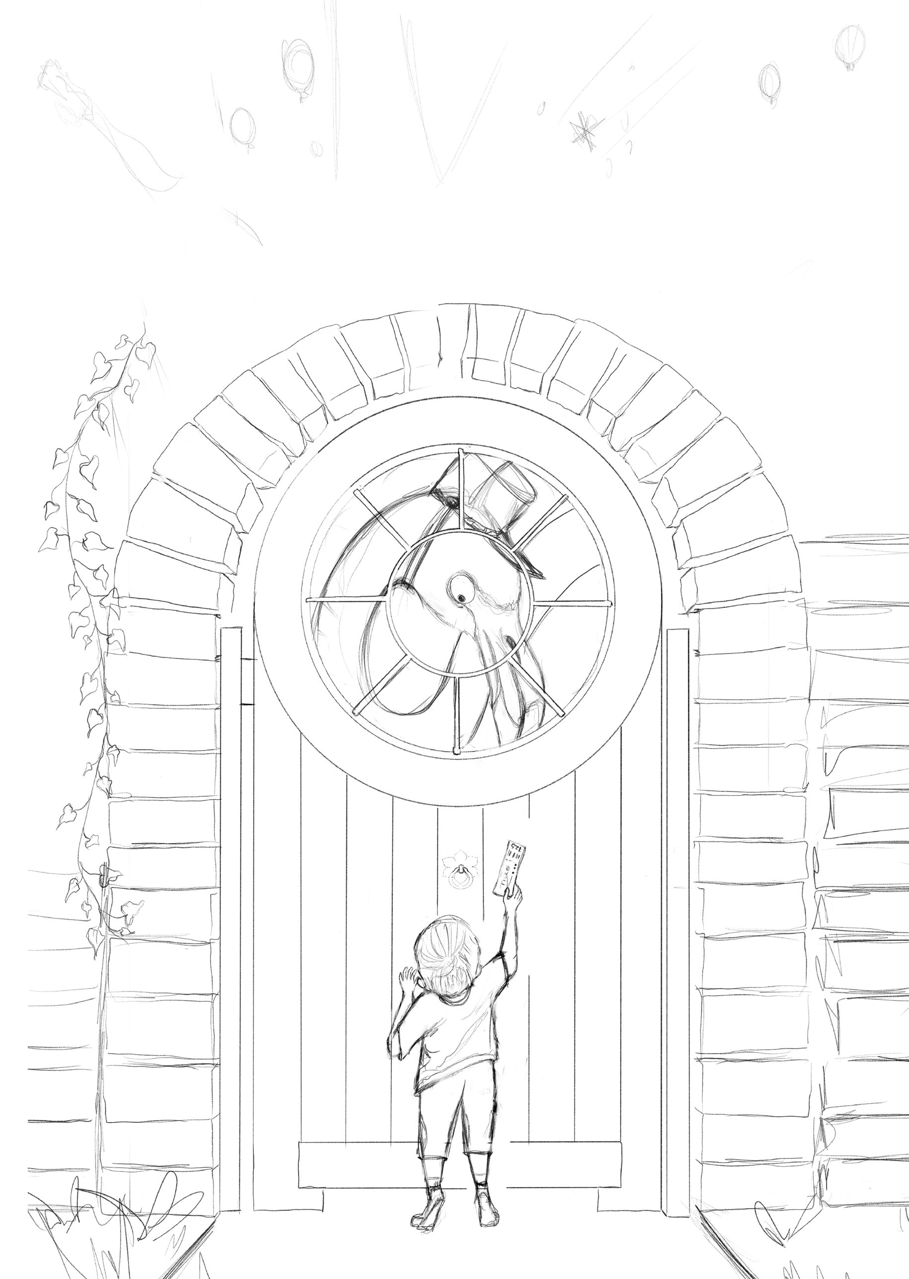 Full pencil drawing of the scene