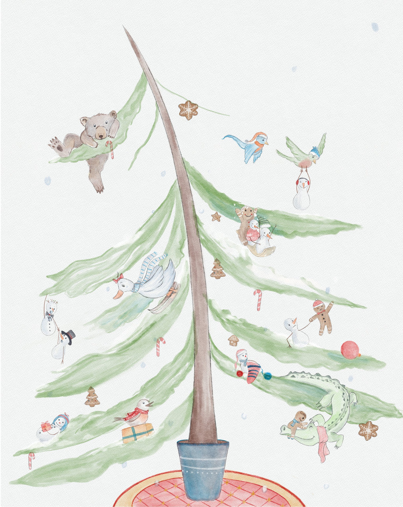 The finished tree, full of animals hanging like ornaments, with a bear at the top where the trunk bends