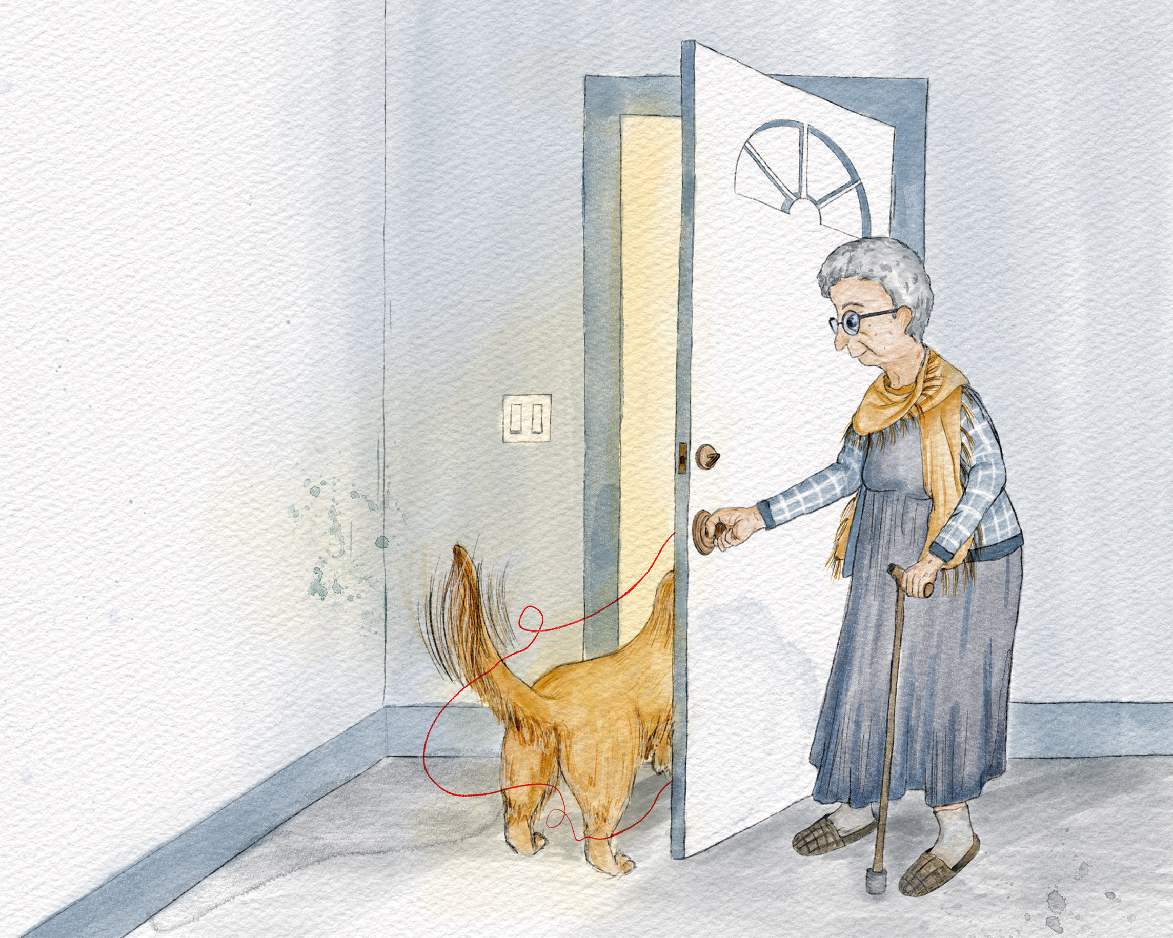 A grey-haired grandmother with a cane and yellow shawl opens a white door as a golden dog walks in