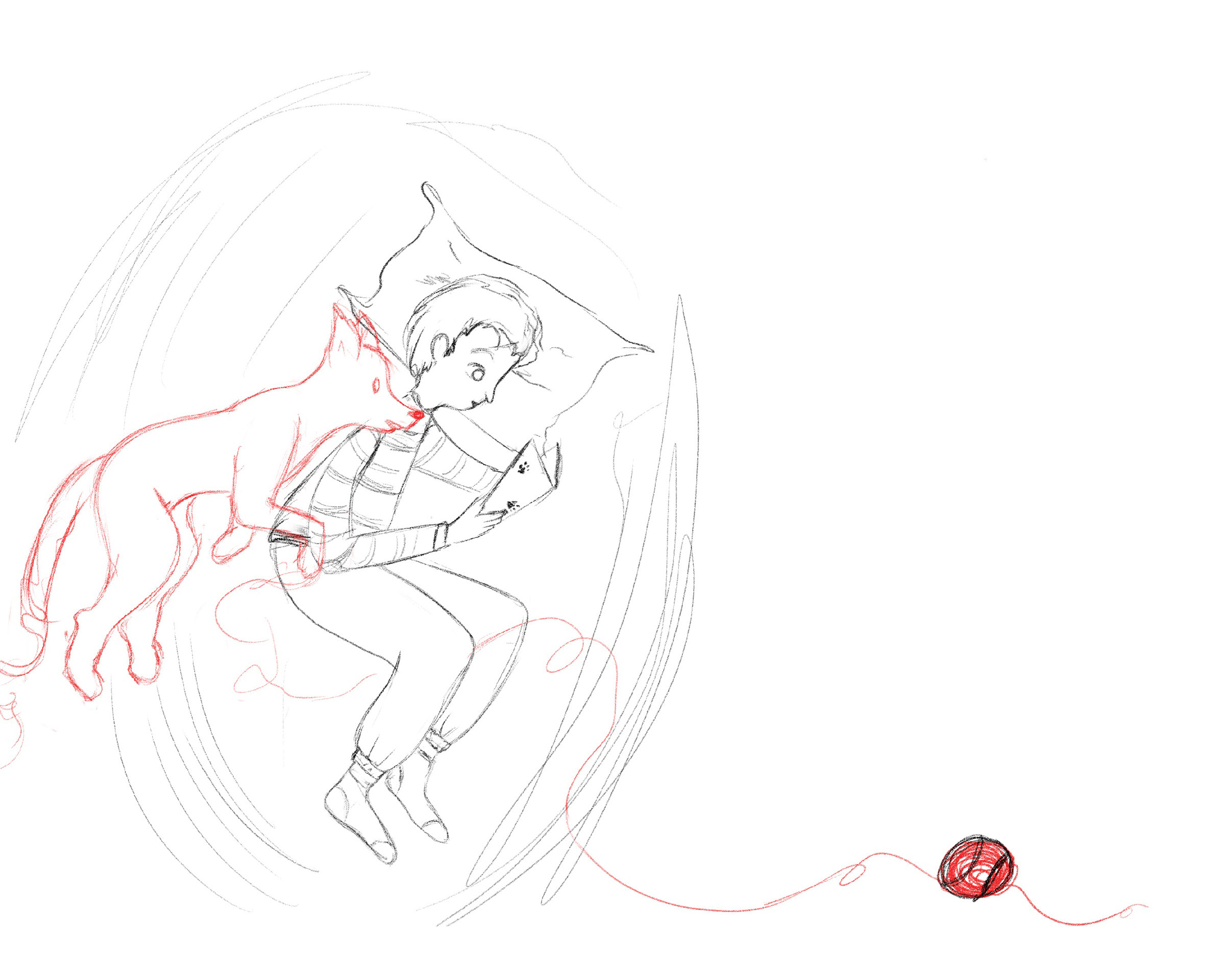 Pencil sketch: a boy lying on a pillow with a red-line dog and a red ball of yarn