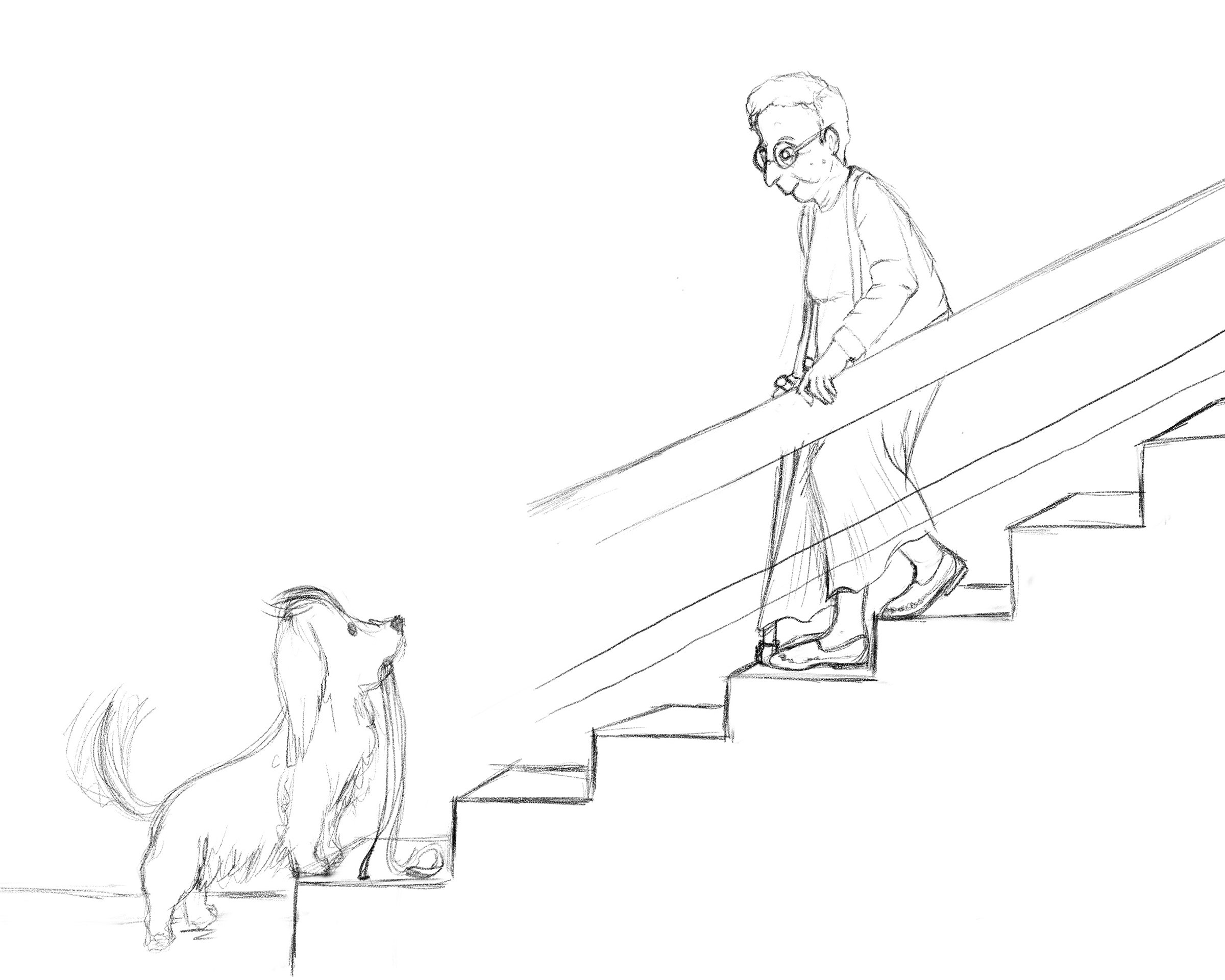 Pencil sketch: a grandmother walks down the stairs while a little dog waits below