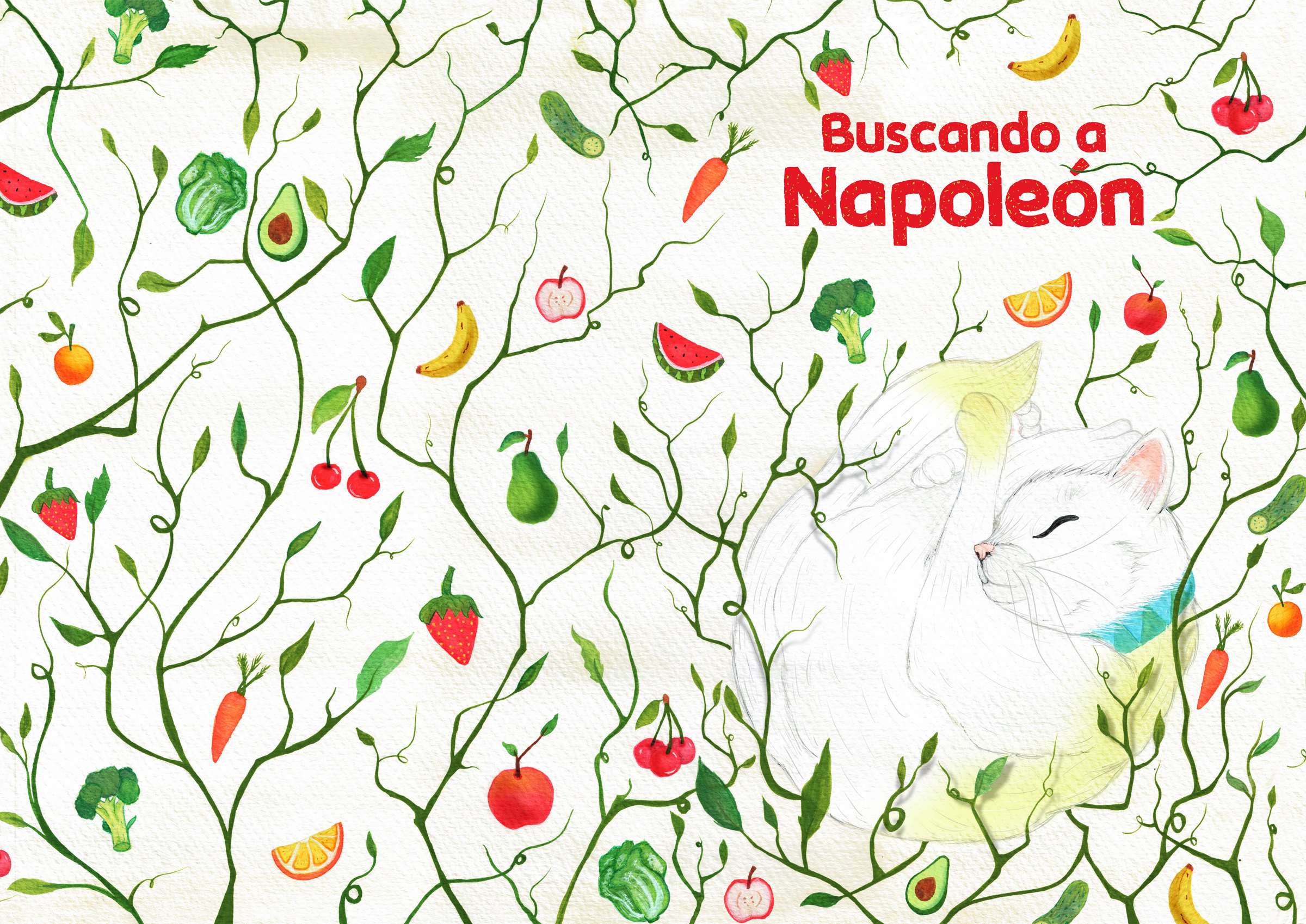 Looking for Napoleon — cover: vines with fruits and vegetables and a sleeping white cat