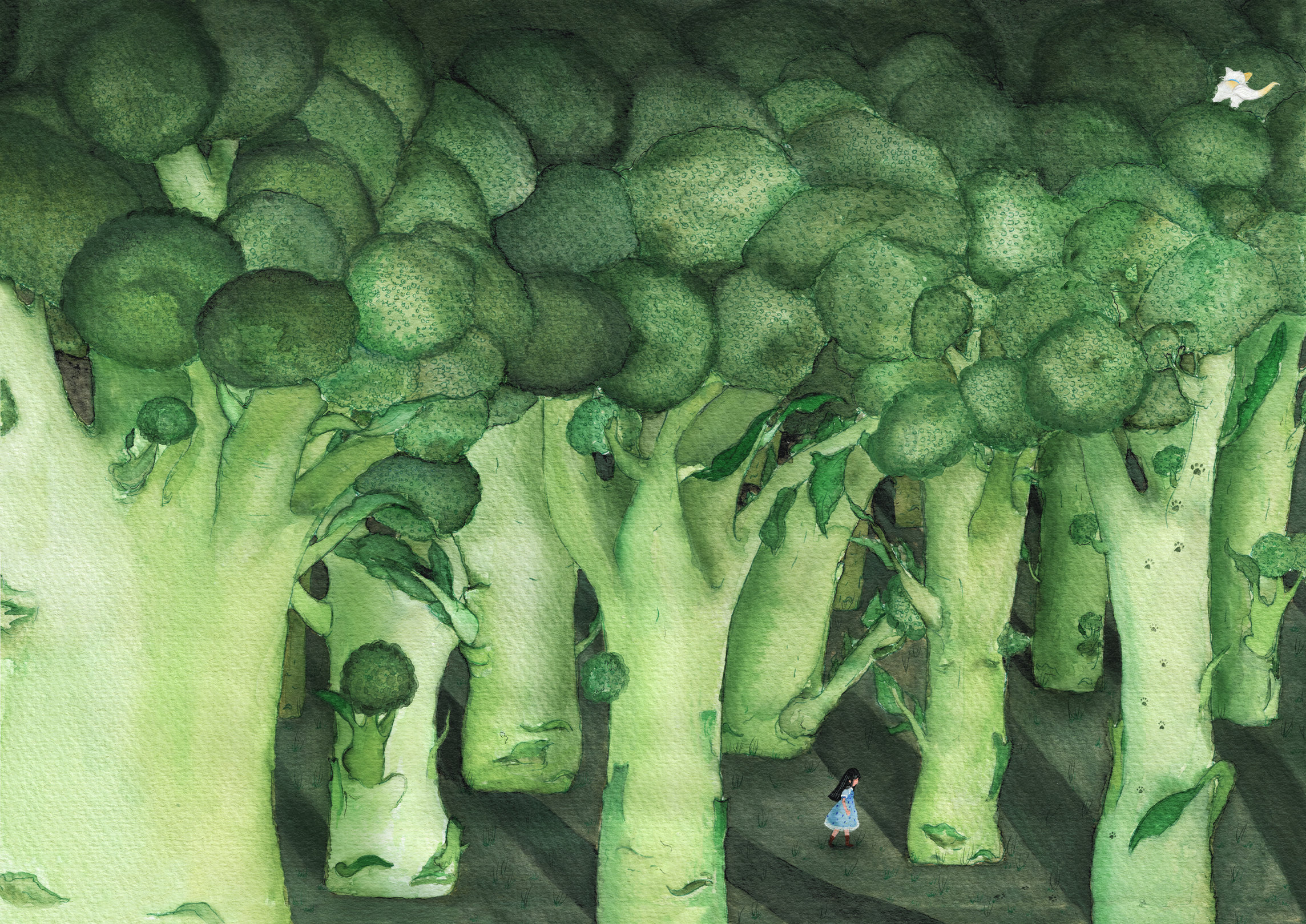 Pages 20–21: a forest of giant broccoli; a tiny girl walks below