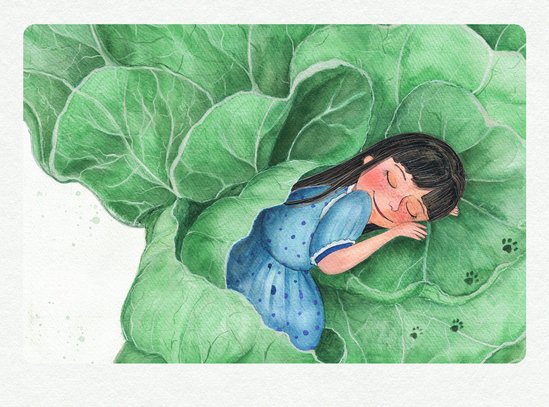 A girl in a blue polka-dot dress sleeps curled up inside a giant lettuce