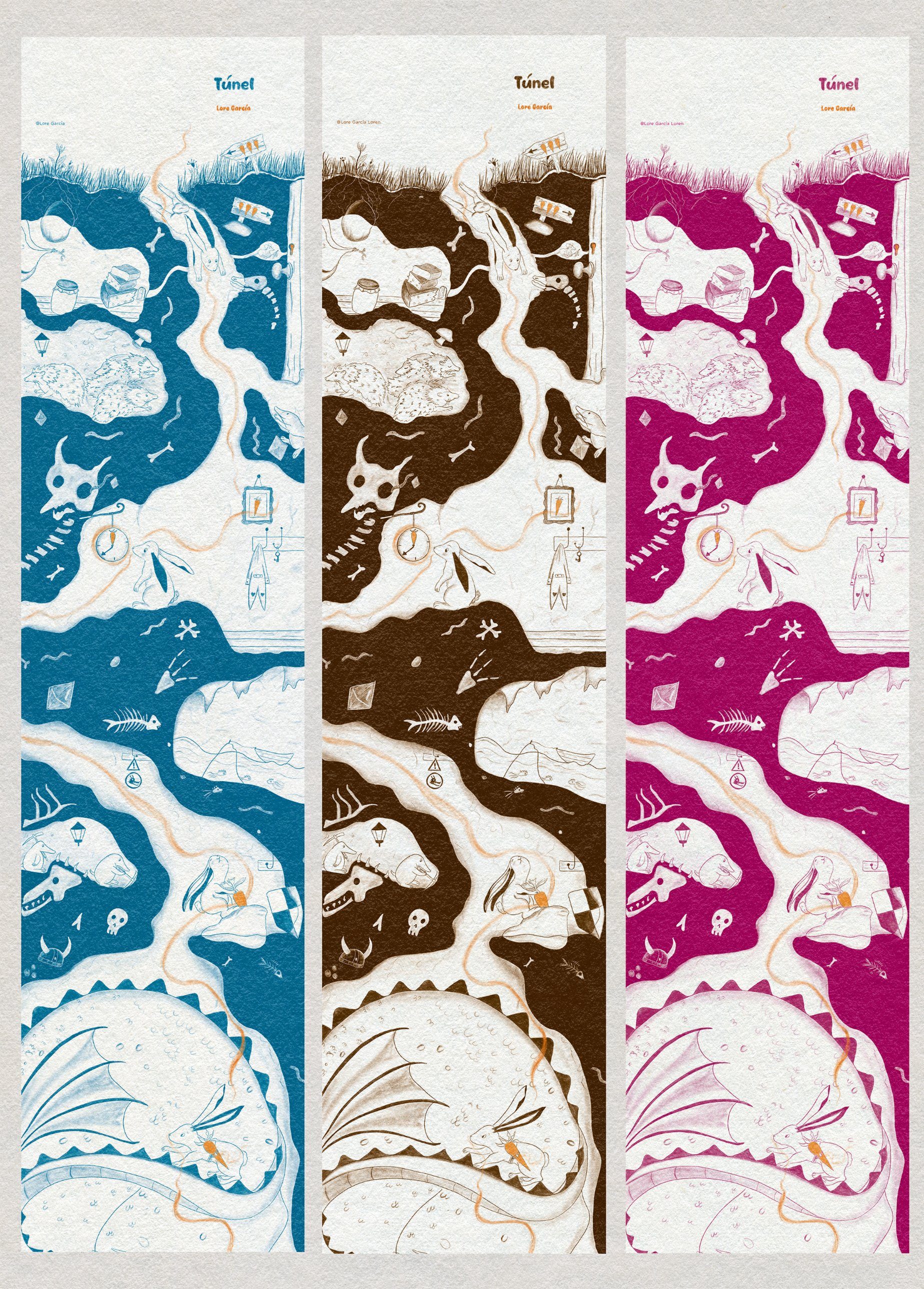 Three color tests of the accordion side by side: blue, brown and magenta